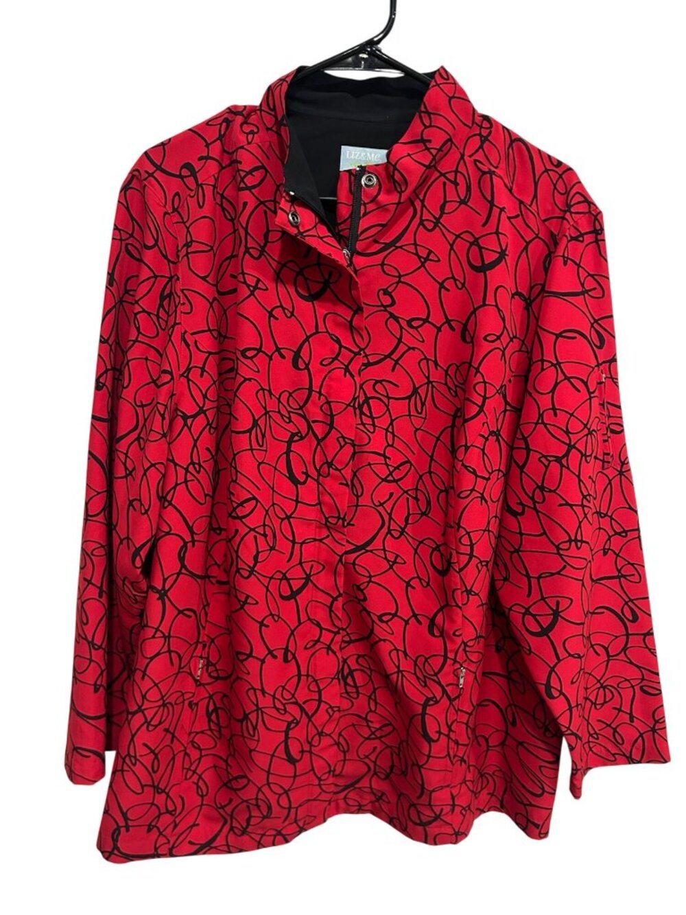 Liz & Me Sport 1X Zip Up Jacket Red Black Abstract Print Retro Minimalist